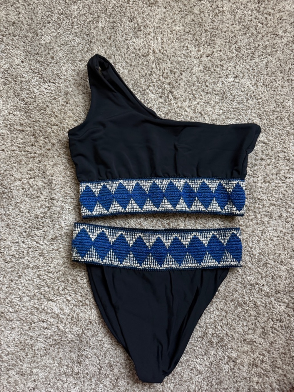 One-Shoulder Black Bikini with Blue Diamond Beaded Trim